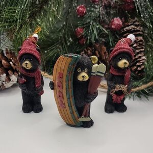 Black Bear Christmas Tree Ornaments Log Cabin Country Themed Set Of 3